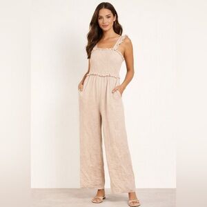 StyleCheat Cream Linen Blend Sleeveless Jumpsuit Wide Leg Ruched Bodice Beach 6